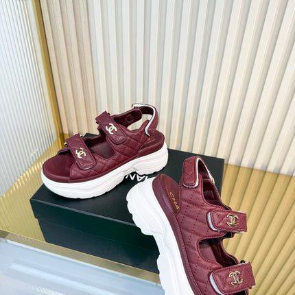 CHANEL 26S PLATFORM VELCRO SANDALS IN DARK RED LAMBSKIN