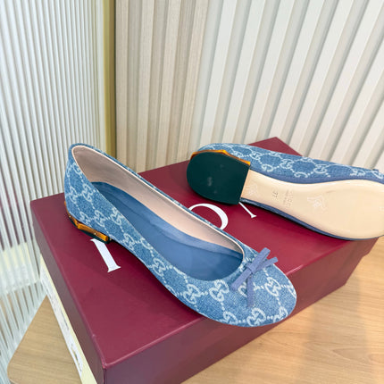 GUCCI 26S BALLET FLATS IN BLUE DENIM WITH GG LOGO PATTERN