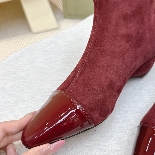 ALAIA 26S ANKLE BOOTS IN DARK RED SUEDE AND GLOSSY CALFSKIN