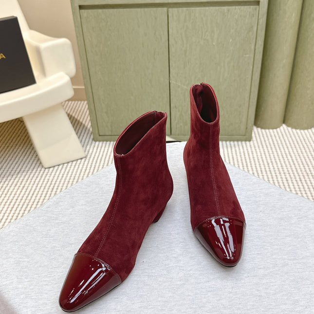 ALAIA 26S ANKLE BOOTS IN DARK RED SUEDE AND GLOSSY CALFSKIN