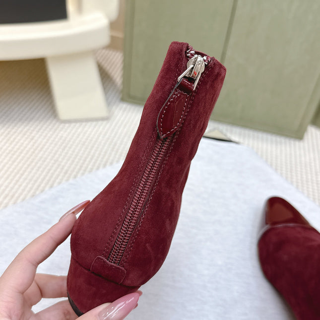 ALAIA 26S ANKLE BOOTS IN DARK RED SUEDE AND GLOSSY CALFSKIN