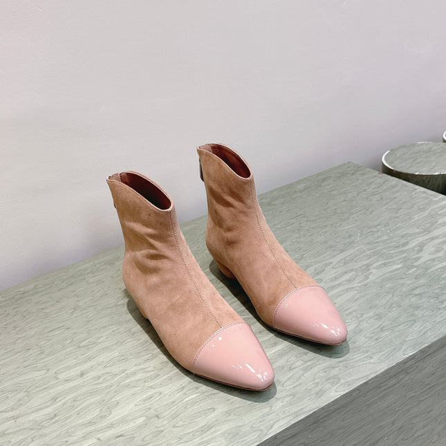 ALAIA 26S ANKLE BOOTS IN DARK BEIGE SUEDE AND GLOSSY CALFSKIN