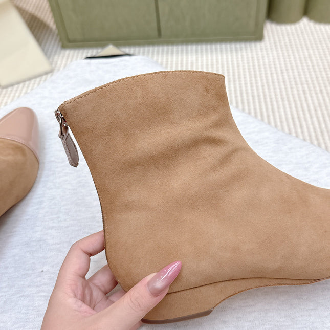 ALAIA 26S ANKLE BOOTS IN DARK BEIGE SUEDE AND GLOSSY CALFSKIN