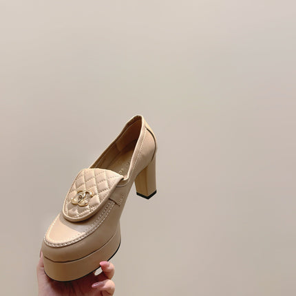CHANEL 25S HIGH-HEELED MOCCASINS 80MM IN LIGHT TAN CALFSKIN GOLD HARDWARE