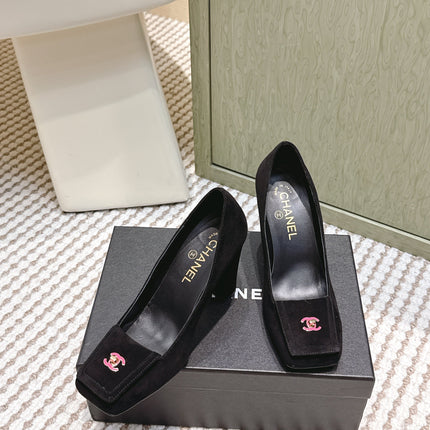 CHANEL 25S SLINGBACK SHOES 90MM IN BLACK SUEDE SQUARE TOE PINK HARDWARE