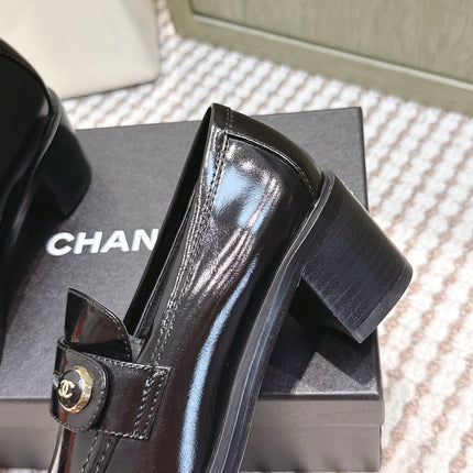 CHANEL 25S GODDESS MOCCASIN LOAFERS 65MM IN BLACK GLOSSY CALFSKIN GOLD HARDWARE
