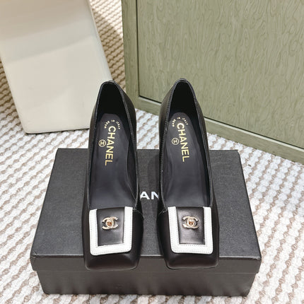 CHANEL 25S SLINGBACK SHOES 90MM IN BLACK CALFSKIN SQUARE TOE GOLD HARDWARE