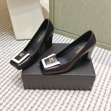 CHANEL 25S SLINGBACK SHOES 90MM IN BLACK CALFSKIN SQUARE TOE GOLD HARDWARE