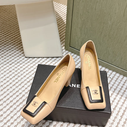 CHANEL 25S SLINGBACK SHOES 90MM IN BEIGE CALFSKIN SQUARE TOE GOLD HARDWARE