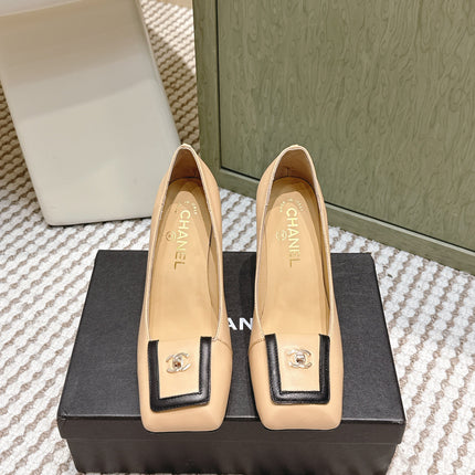 CHANEL 25S SLINGBACK SHOES 90MM IN BEIGE CALFSKIN SQUARE TOE GOLD HARDWARE
