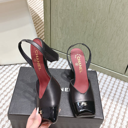 CHANEL 25S HIGH-HEELED SQUARE-TOE SLINGBACK 90MM IN BLACK CALFSKIN