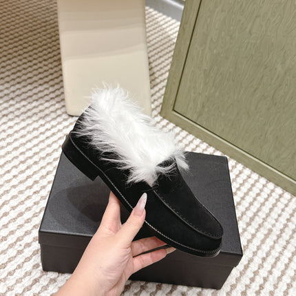 CHANEL 25S LOAFERS MOCCASIN IN BLACK SUEDE WITH WHITE MINK FUR LINING