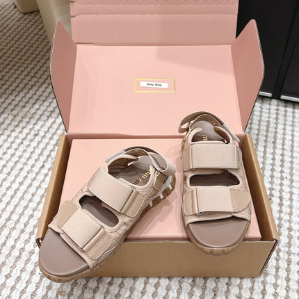 MIUMIU 26S VELCRO SANDALS IN LIGHT BROWN CALFSKIN AND NYLON SILVER HARDWARE