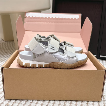 MIUMIU 26S VELCRO SANDALS IN GRAY CALFSKIN AND NYLON SILVER HARDWARE