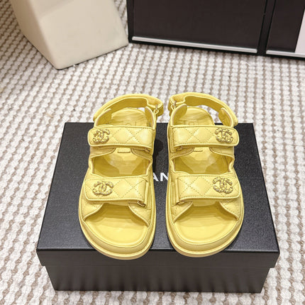 CHANEL 26S QUILTED DAD SANDALS IN YELLOW CALFSKIN