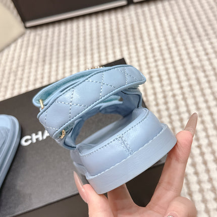 CHANEL 26S QUILTED DAD SANDALS IN LIGHT BLUE CALFSKIN