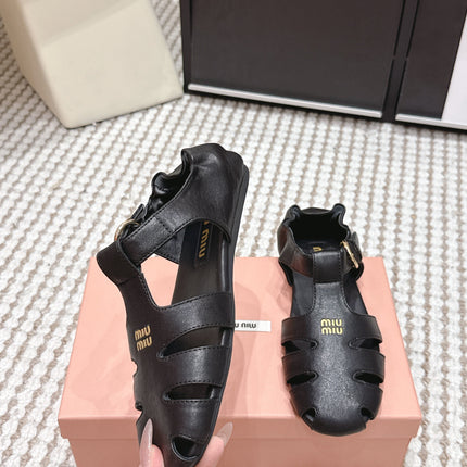 MIUMIU 26S RUCHES FISHERMAN SANDALS IN BLACK CALFSKIN GOLD HARDWARE