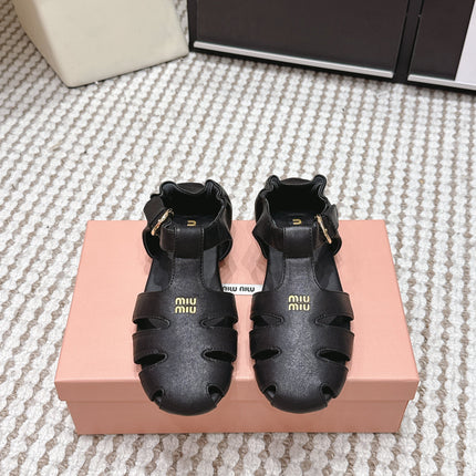 MIUMIU 26S RUCHES FISHERMAN SANDALS IN BLACK CALFSKIN GOLD HARDWARE