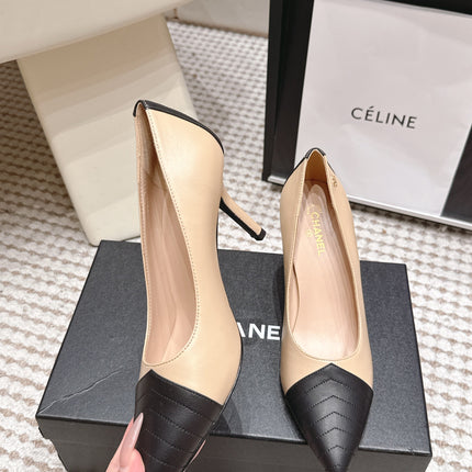 CHANEL 26S HIGH HEELS IN BEIGE LAMBSKIN WITH BLACK CHEVRON-QUILTED TOE