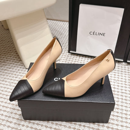 CHANEL 26S HIGH HEELS IN BEIGE LAMBSKIN WITH BLACK CHEVRON-QUILTED TOE