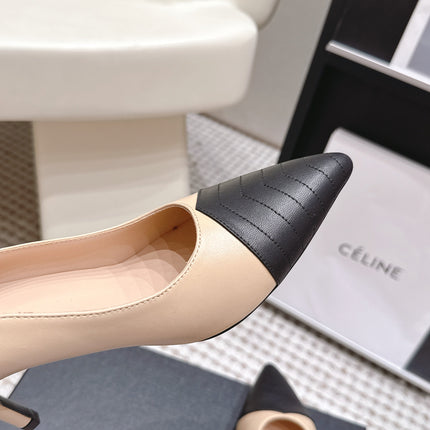 CHANEL 26S HIGH HEELS IN BEIGE LAMBSKIN WITH BLACK CHEVRON-QUILTED TOE