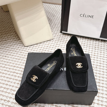 CHANEL 26S LOAFERS IN BLACK SUEDE WITH GOLD-TONE CC LOGO