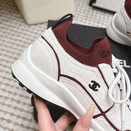 CHANEL 26S PLATFORM SNEAKERS 30 MM IN WHITE SUEDE WITH BURGUNDY FABRIC