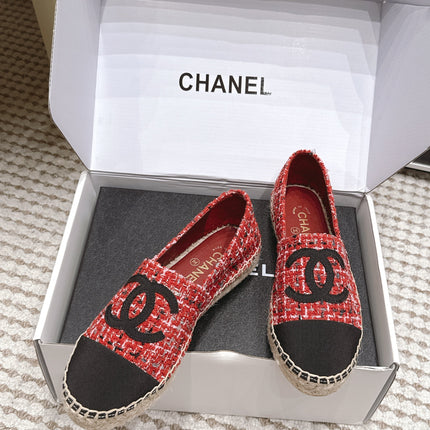 CHANEL 26S SLIP ONS IN RED MIX BLACK TWEED AND PATENT CALFSKIN