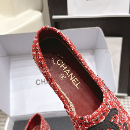 CHANEL 26S SLIP ONS IN RED MIX BLACK TWEED AND PATENT CALFSKIN