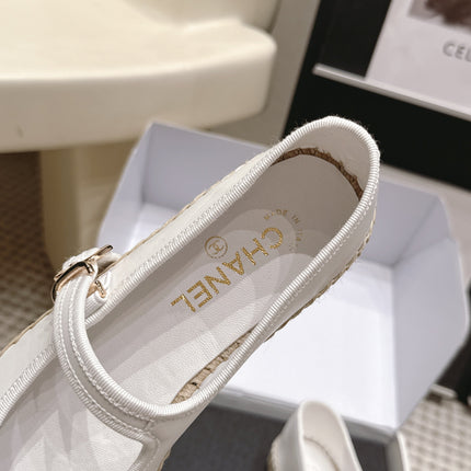 CHANEL 26S MARY JANE FLATS IN WHITE LAMBSKIN ESPADRILLE SOLE