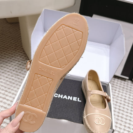 CHANEL 26S MARY JANE FLATS IN BEIGE LAMBSKIN ESPADRILLE SOLE