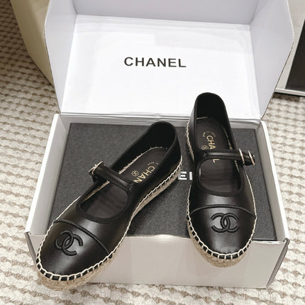 CHANEL 26S MARY JANE FLATS IN BLACK LAMBSKIN ESPADRILLE SOLE