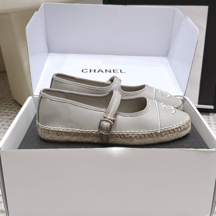 CHANEL 26S MARY JANE FLATS IN GREY LAMBSKIN ESPADRILLE SOLE