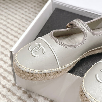 CHANEL 26S MARY JANE FLATS IN GREY LAMBSKIN ESPADRILLE SOLE