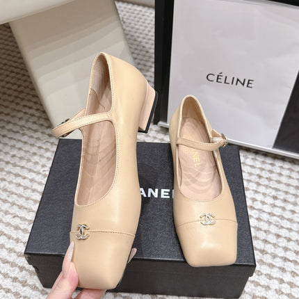 CHANEL 26S SQUARE TOE MARY JANE FLATS IN BEIGE CALFSKIN