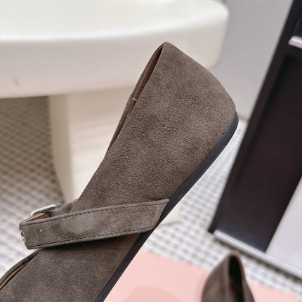 MIUMIU 26S MARY JANE BALLET IN TAUPE BROWN SUEDE WITH BUCKLE STRAP