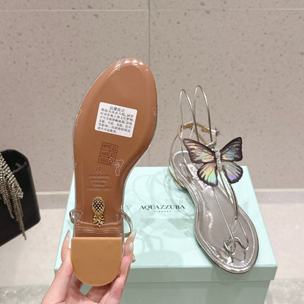 AQUAZZURA 26S BUTTERFLY THONG SANDALS IN SILVER LAMBSKIN