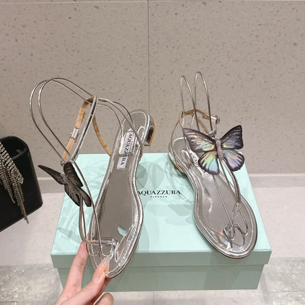 AQUAZZURA 26S BUTTERFLY THONG SANDALS IN SILVER LAMBSKIN