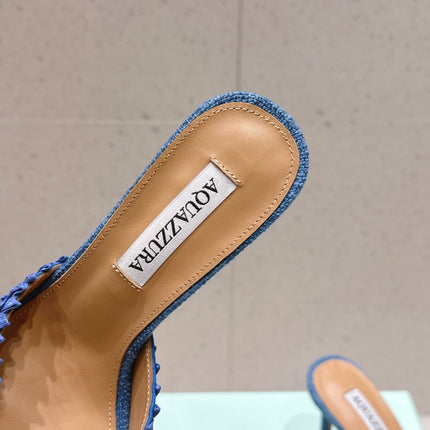 AQUAZZURA 26S HEELED MULES 80 MM IN NAVY BLUE WOVEN RAFFIA