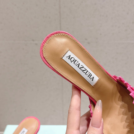 AQUAZZURA 26S HEELED MULES 80 MM IN PINK WOVEN RAFFIA