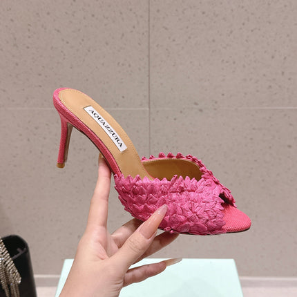AQUAZZURA 26S HEELED MULES 80 MM IN PINK WOVEN RAFFIA