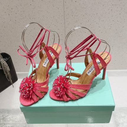 AQUAZZURA 26S HIGH-HEEL SANDALS 100 MM IN PINK WOVEN RAFFIA