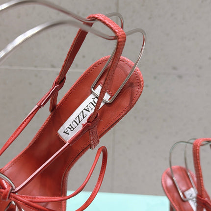 AQUAZZURA 26S HIGH-HEEL SANDALS 100 MM IN CORAL RED LAMBSKIN