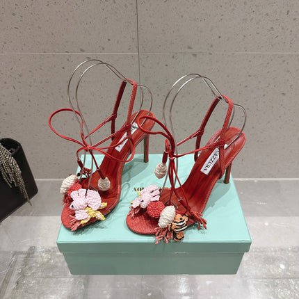 AQUAZZURA 26S HIGH-HEEL SANDALS 100 MM IN CORAL RED LAMBSKIN