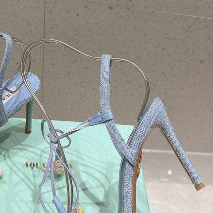 AQUAZZURA 26S HIGH-HEEL SANDALS 100 MM IN LIGHT BLUE LAMBSKIN