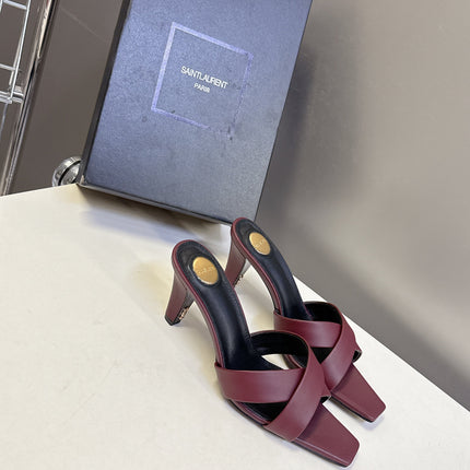 YSL 25S JILL MULES 75MM IN MAHOGANY RED SMOOTH CALFSKIN
