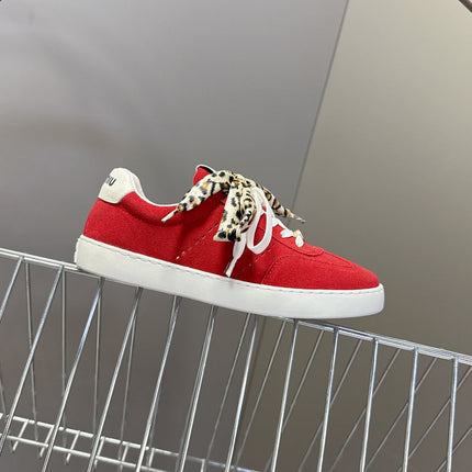 MIUMIU 25S SNEAKERS IN DARK RED SUEDE WITH LEOPARD-PRINT LACES