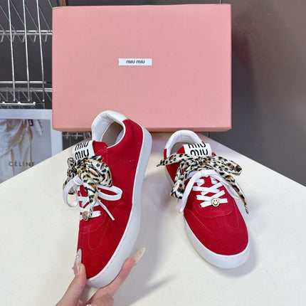 MIUMIU 25S SNEAKERS IN DARK RED SUEDE WITH LEOPARD-PRINT LACES