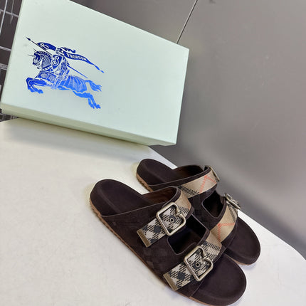 BURBERRY 26S DOUBLE BUCKLE SANDALS IN DARK BROWN SUEDE