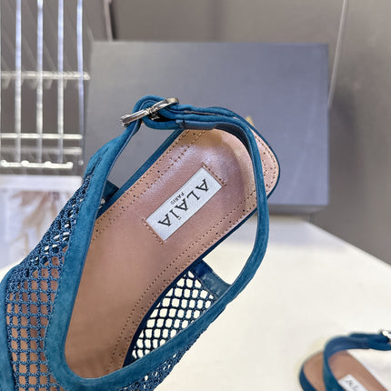 ALAIA 26S FLAT MESH THONG SANDALS IN PETROL BLUE SUEDE